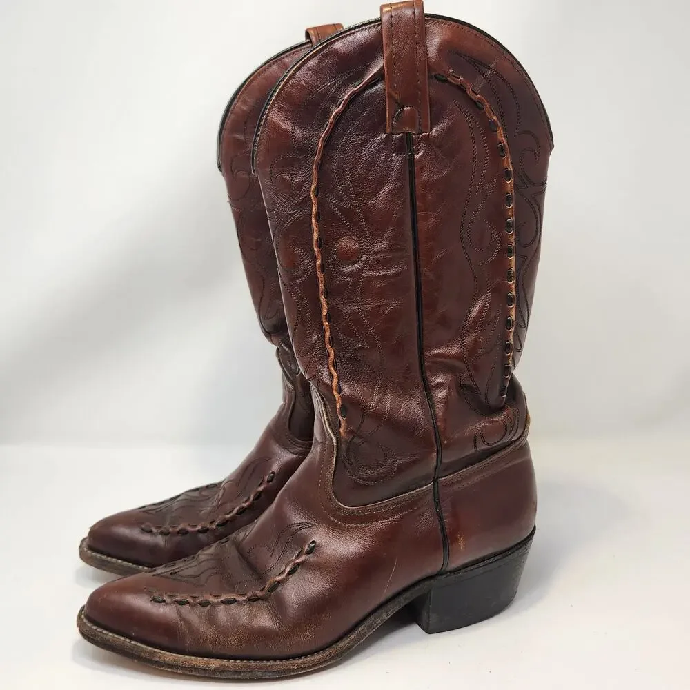 Acme Vintage Brown Leather Western Cowboy Boots Men Size 9 D Raised Stitching